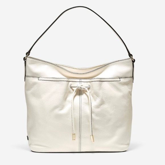 Cole Haan Hobo Leather Handbag White Reily Zip Drawstring Medium Shoulder Purse - Picture 1 of 11